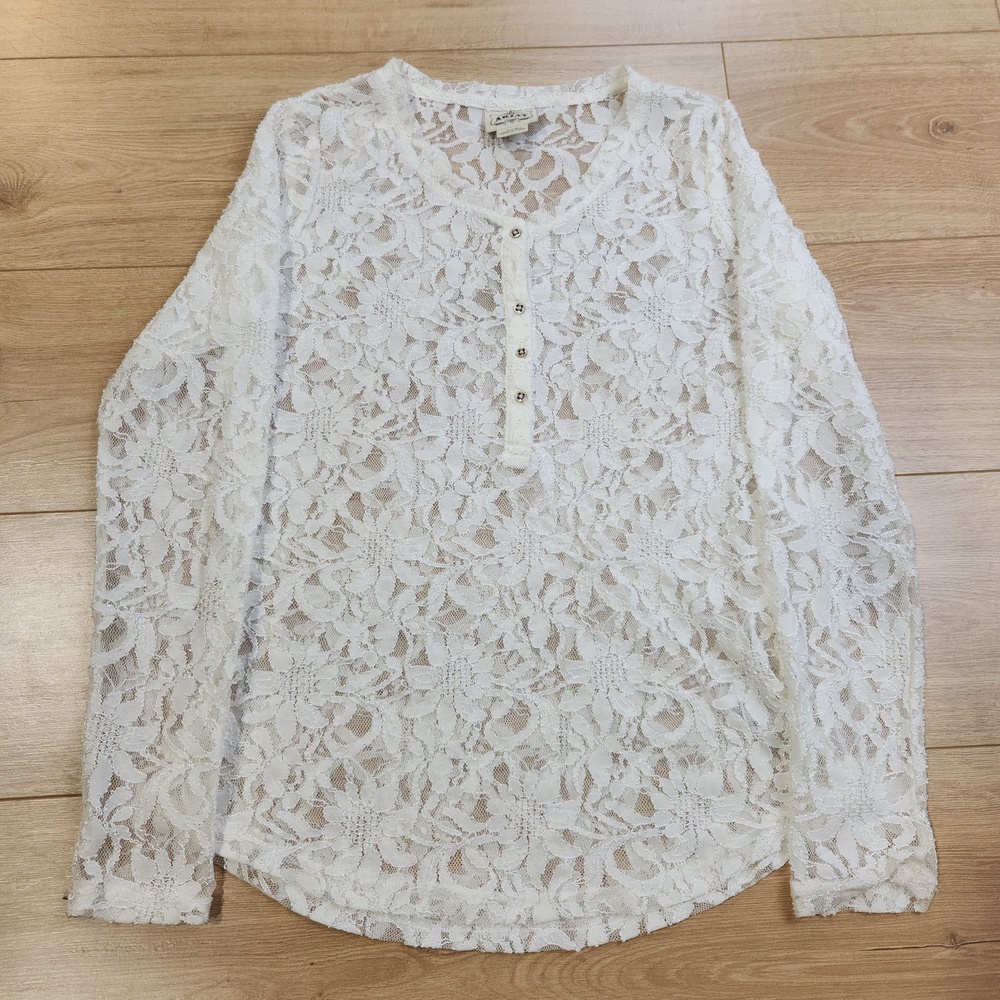 Ariat Crochet Blouse Womens Medium White Lace Henley Sheer Western Top